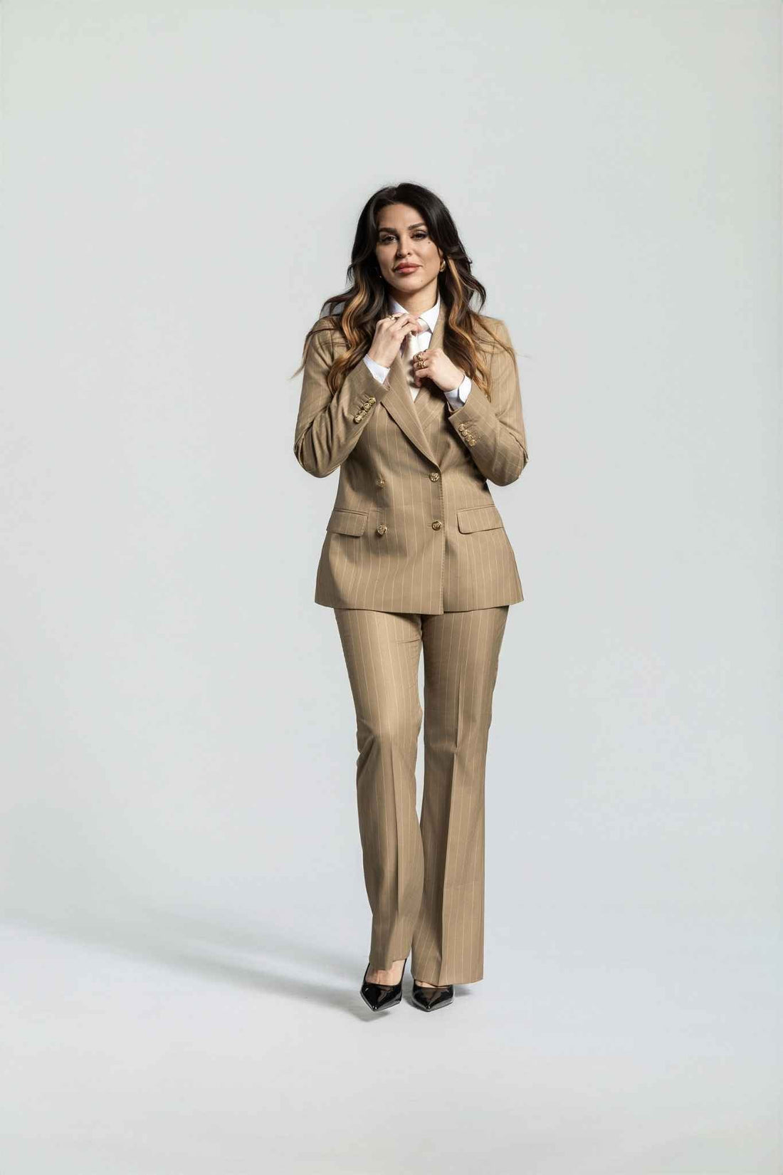 beige - gestreift Damenanzug – | Bellino Moda