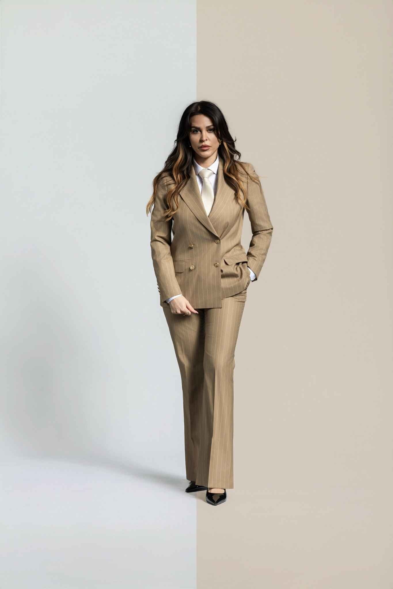 beige - gestreift Damenanzug – | Bellino Moda