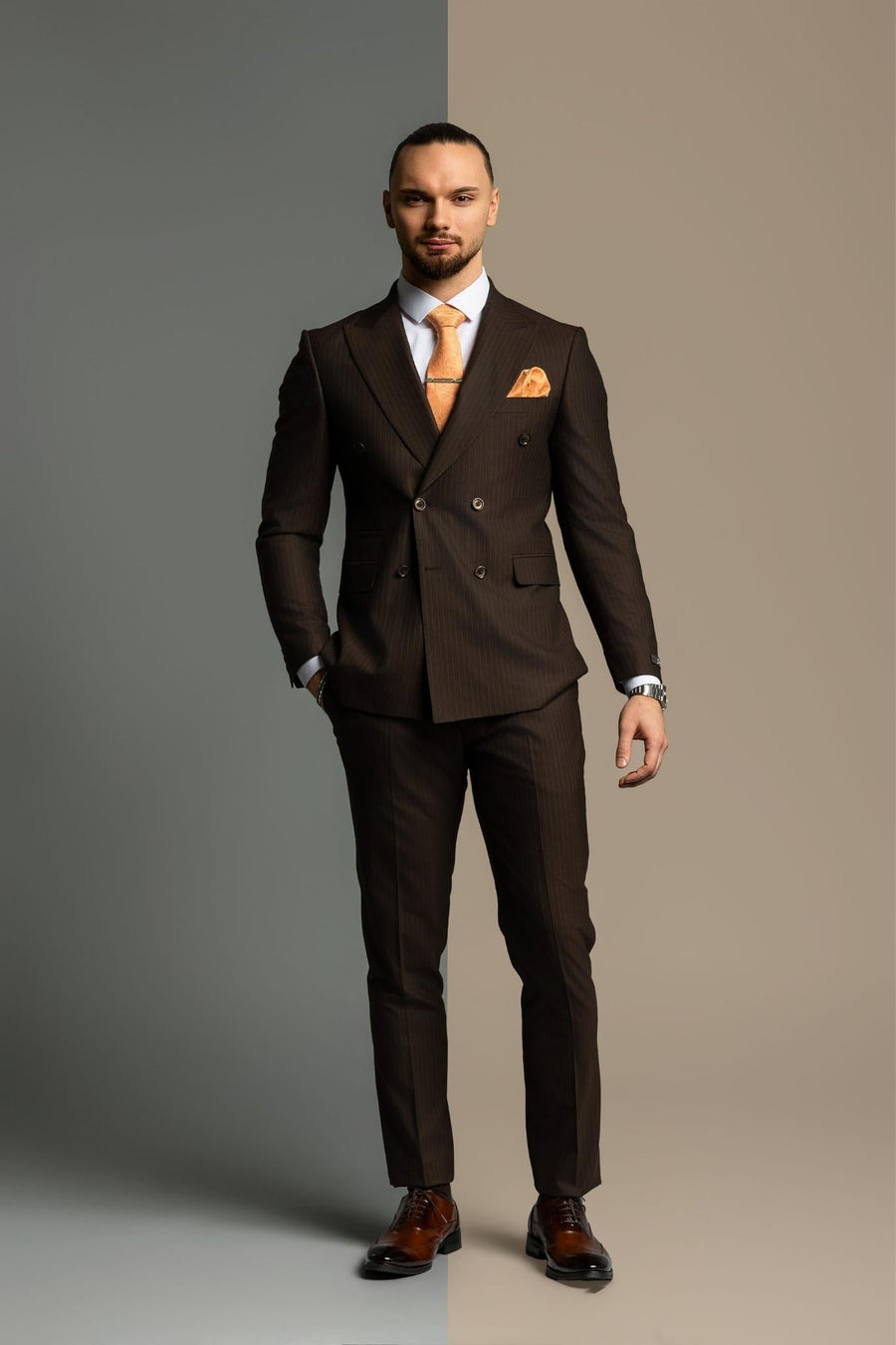 Doppelreiher Suit braun gestreift