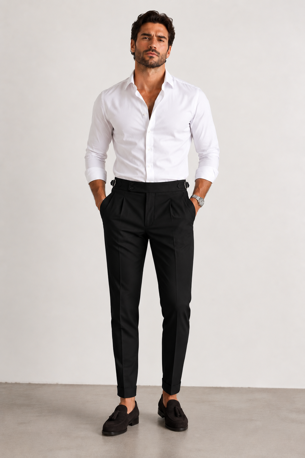 schwarze Herren-Bundfaltenhose mit hohem Bund, Ansicht 1