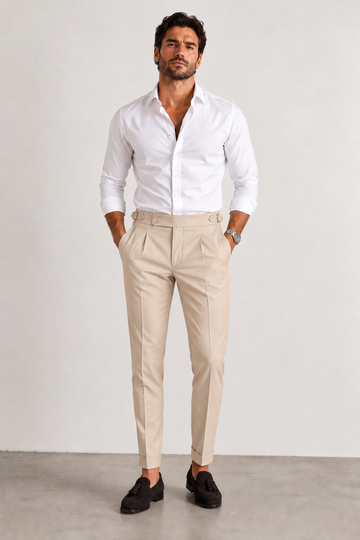 beigefarbene Herren-Bundfaltenhose mit hohem Bund, Ansicht 2