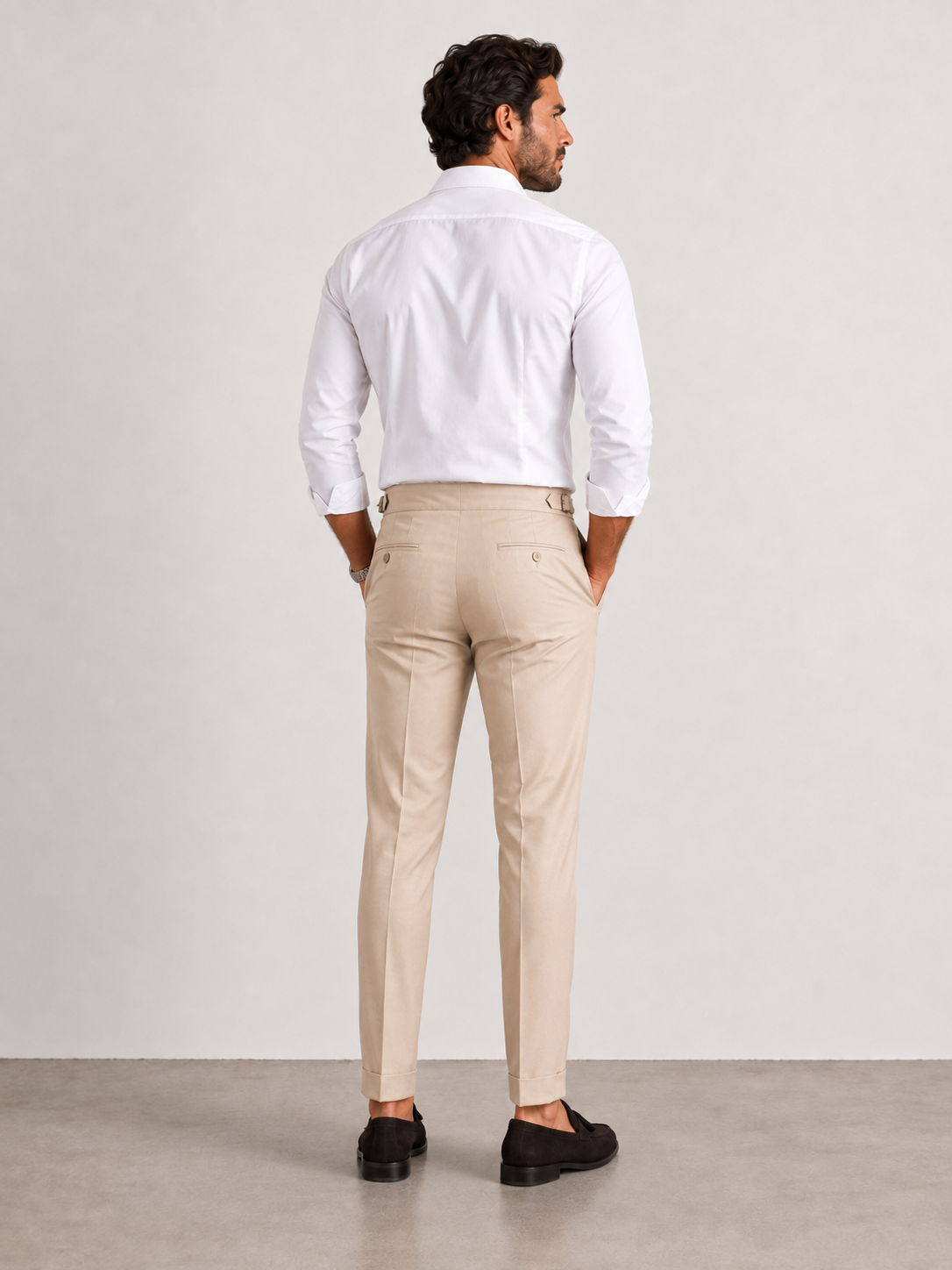 beigefarbene Herren-Bundfaltenhose mit hohem Bund, Ansicht 3