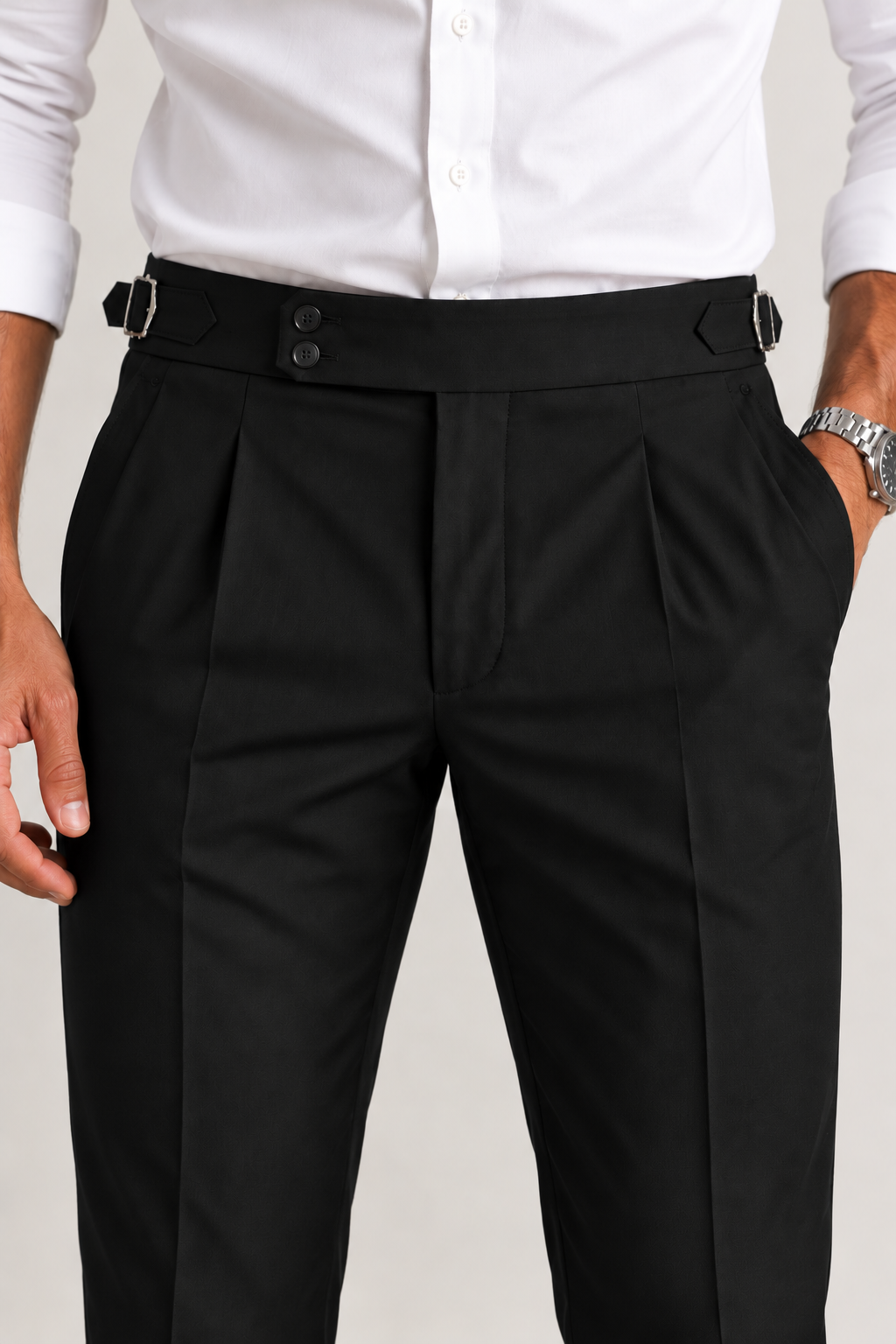 schwarze Herren-Bundfaltenhose mit hohem Bund, Ansicht 4