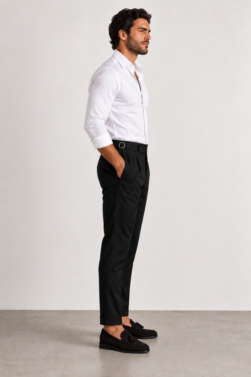 schwarze Herren-Bundfaltenhose mit hohem Bund, Ansicht 2