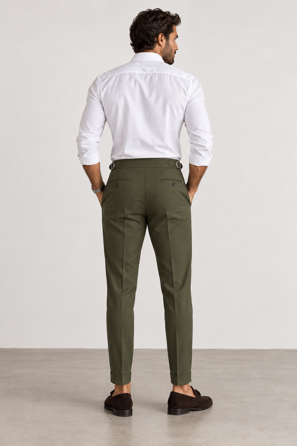 olivgrüne Herren-Bundfaltenhose mit hohem Bund, Ansicht 1