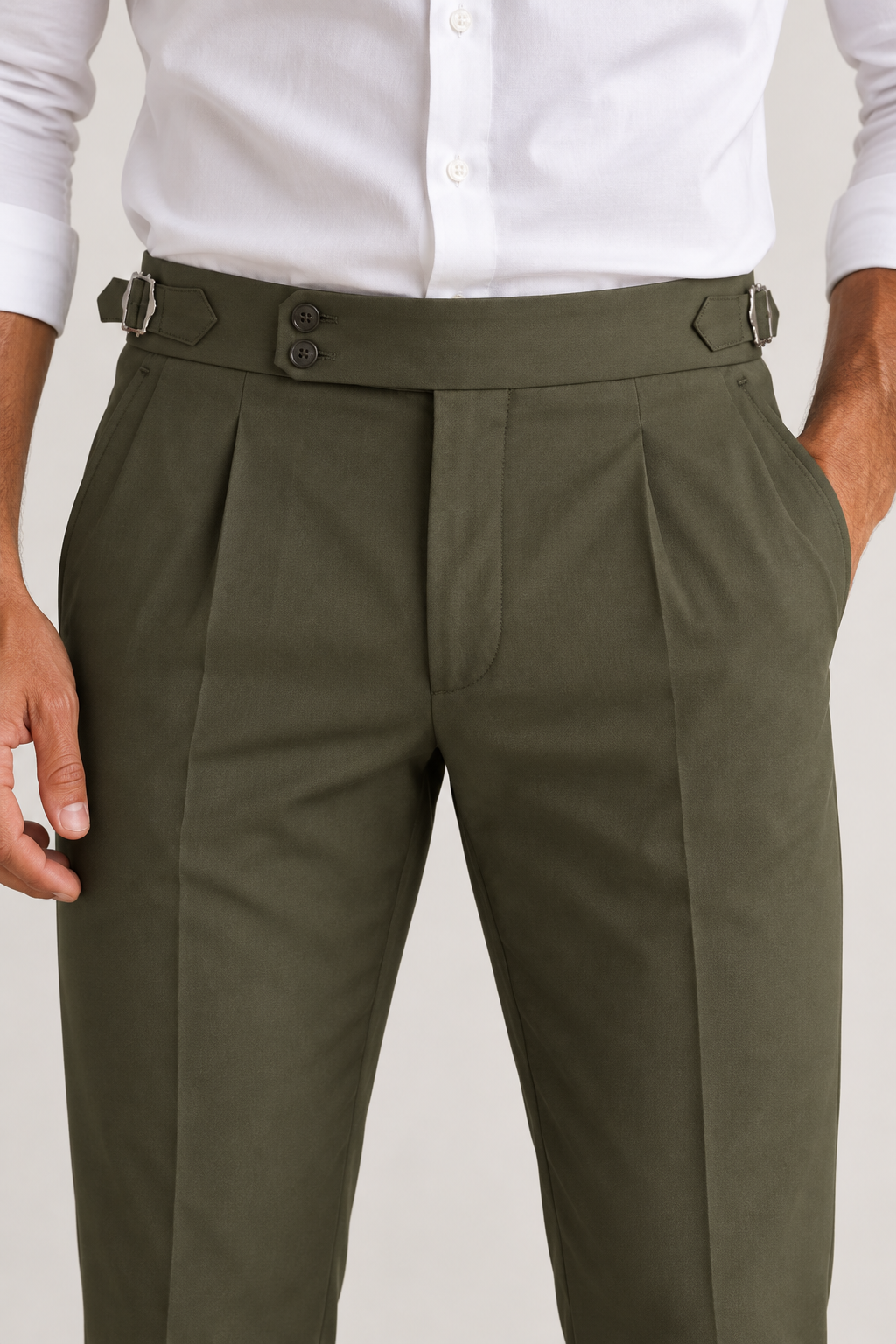olivgrüne Herren-Bundfaltenhose mit hohem Bund, Ansicht 2