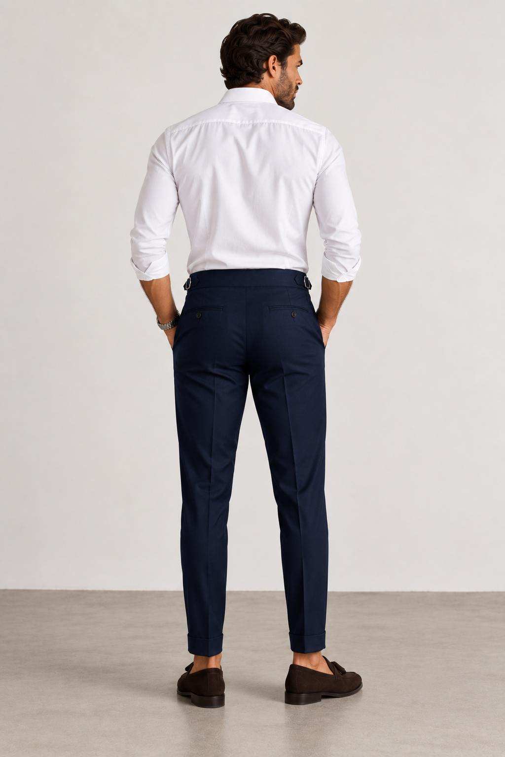 dunkelblaue Herren-Bundfaltenhose mit hohem Bund, Ansicht 2
