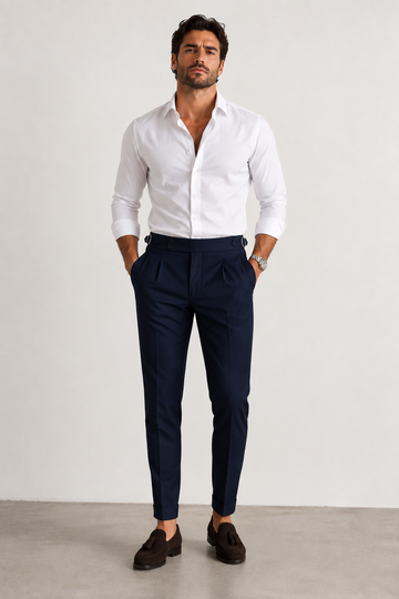 dunkelblaue Herren-Bundfaltenhose mit hohem Bund, Ansicht 3
