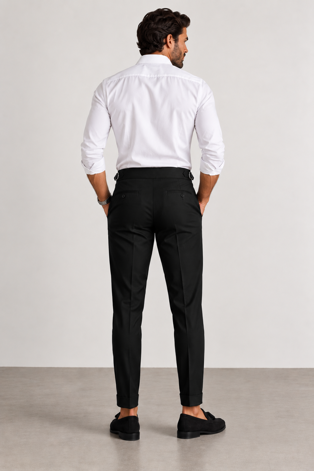 schwarze Herren-Bundfaltenhose mit hohem Bund, Ansicht 3