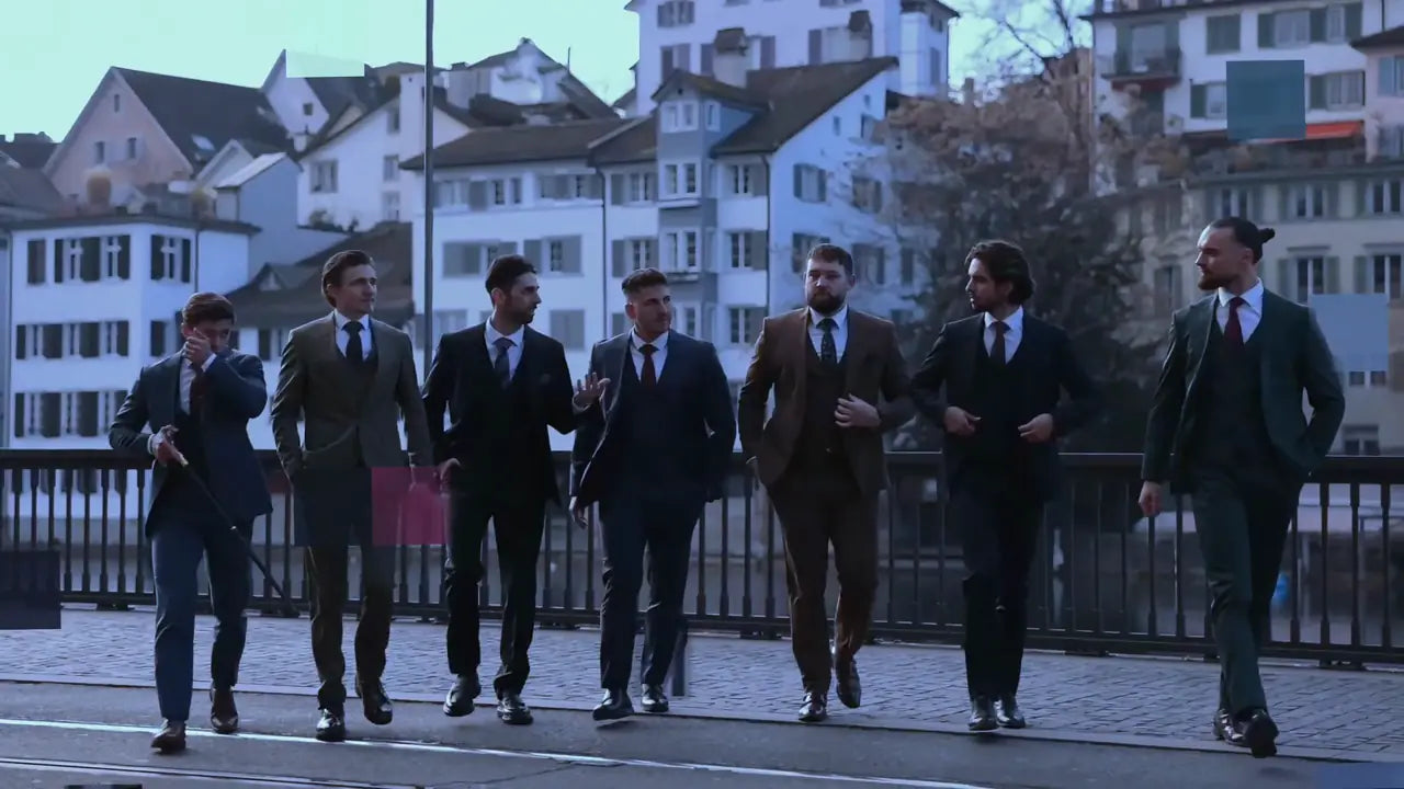 Sieben Männer in Anzügen von Bellino Moda auf einer Brücke in der Altstadt